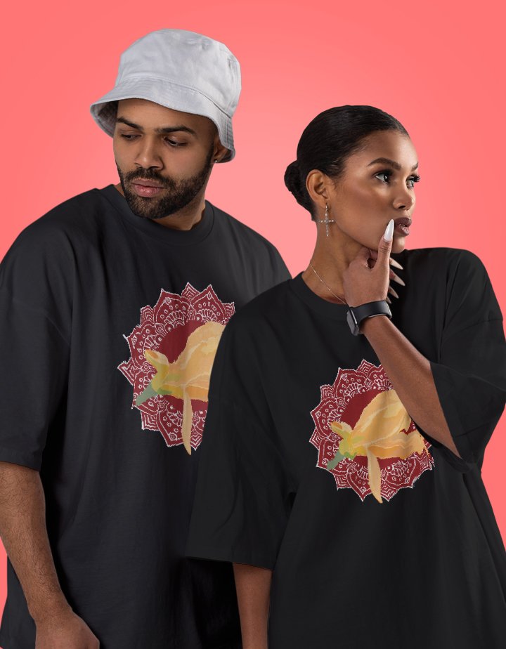 Chafa Mandala Graphic Printed Drop-Shoulder Sleeves Cotton Oversized T-Shirt